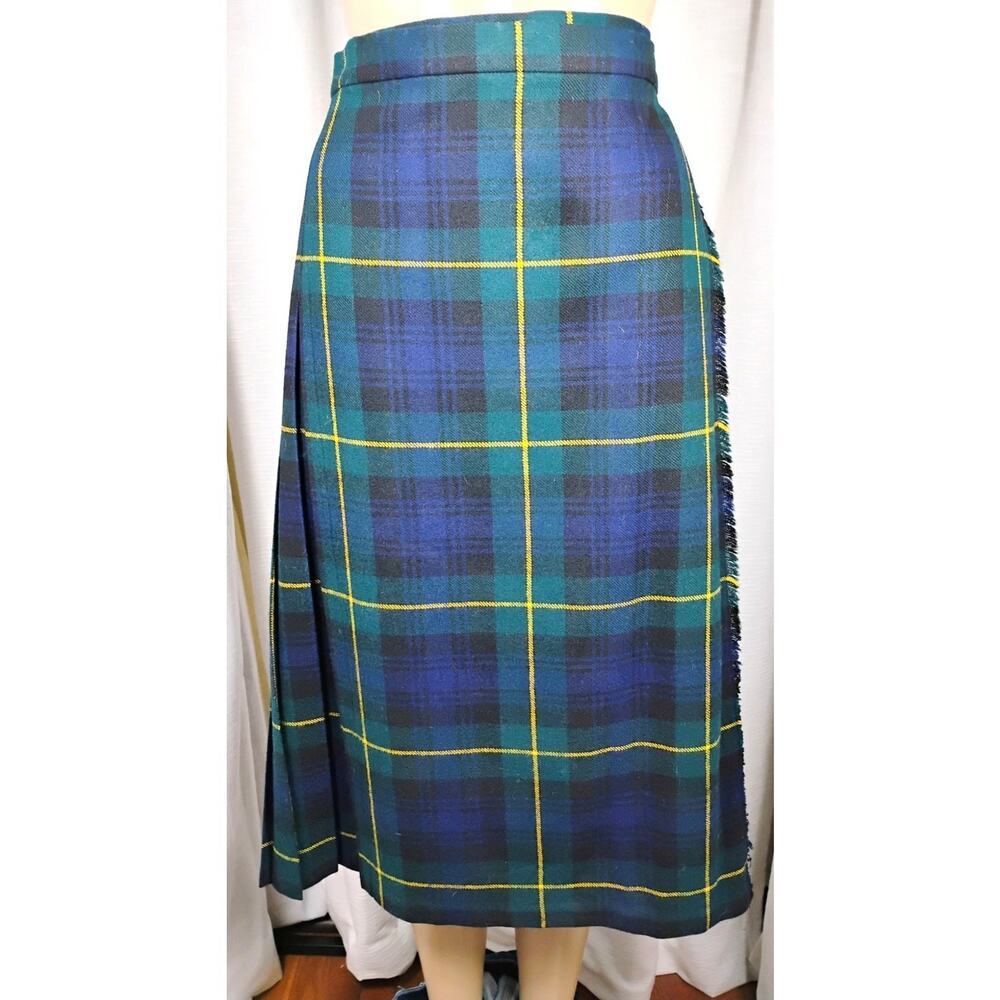 Vintage Deans of Scotland Wool Kilt Skirt Blue Green Tartan Plaid Fringe 16
